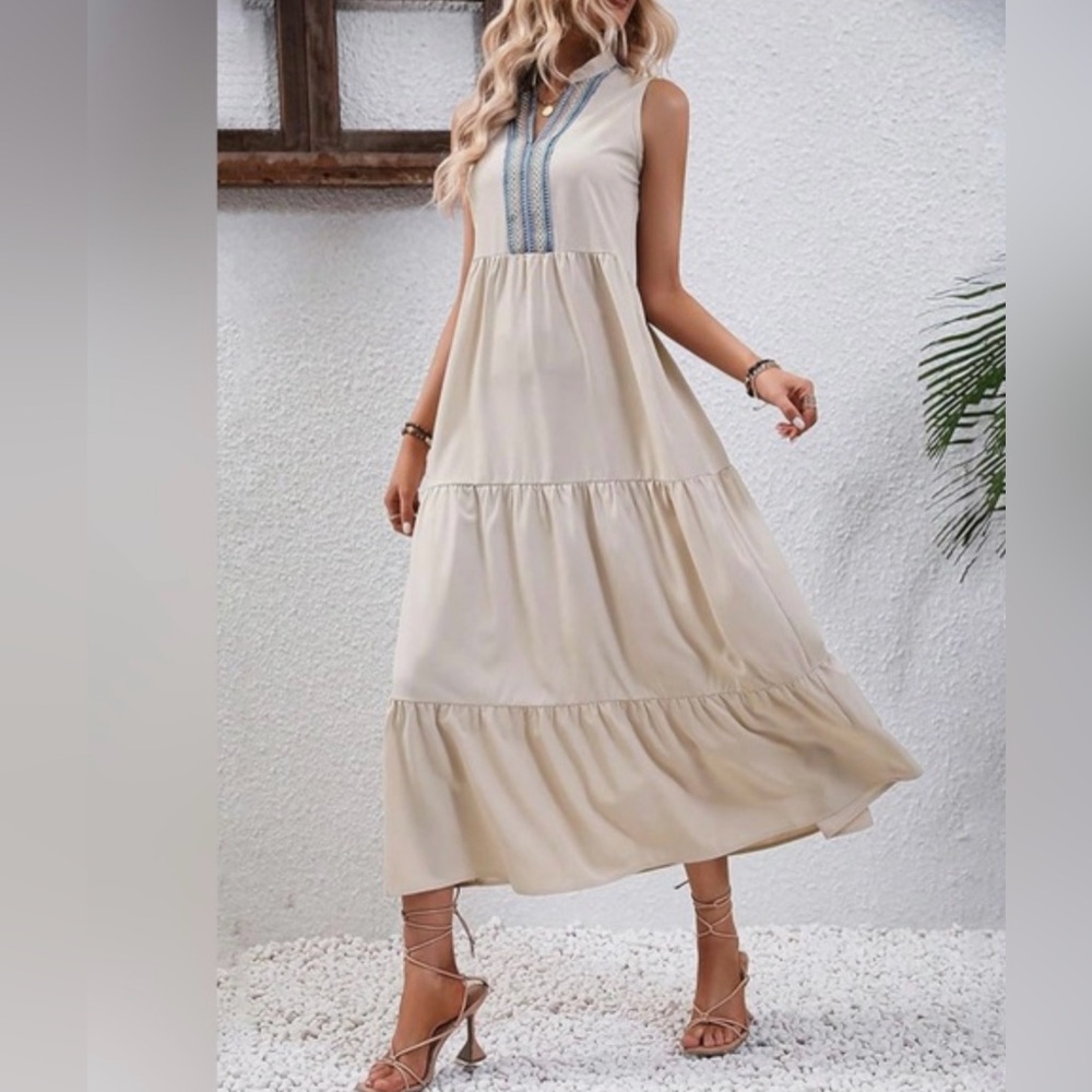 SHEIN Tan Tiered Maxi Dress With V-Neck Embroidered Detail. Size L